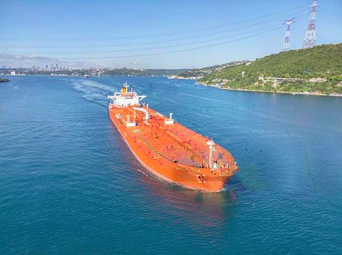 Product tanker transiting a narrow waterway