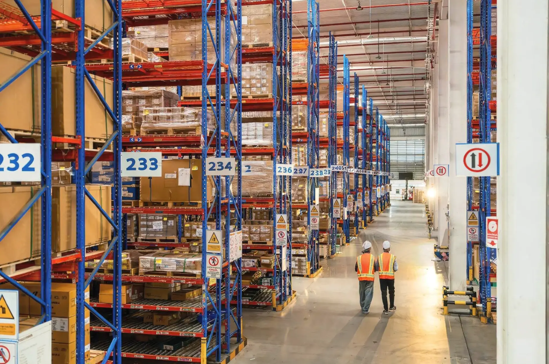 Multi-level warehouse racking stocked with palletised goods